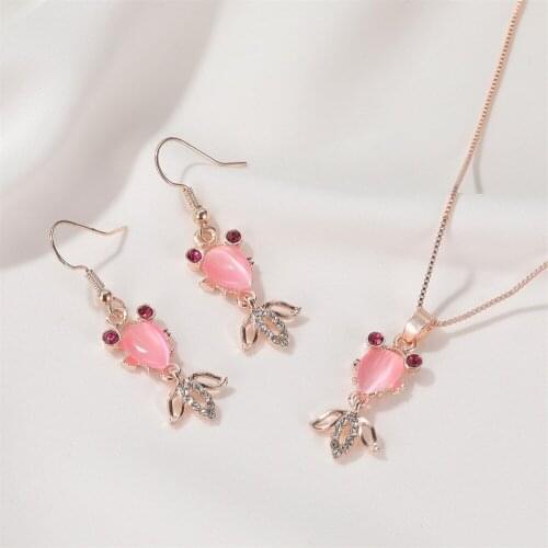 Cartoon Alloy Pink Goldfish Cats Eye Stone Rose Gold Choker Necklace Drop Earrings Dangle Earrings Jewelry Sets for Women