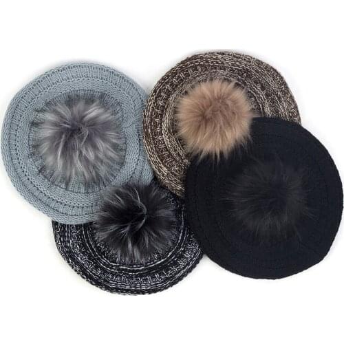 Women Knitted Color Mixing Retro Winter Warm Berets With Faux Fur Pom Pom Thicken Fashion Female Ladies Hats With Hairball Caps