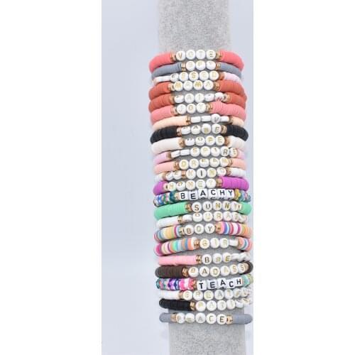 Colorful Polymer Clay Disc Brush Gold Zinc Alloy Metal Spacers Words FAITH BREATHE MAMA BELIEVE stretch Bracelet For Women