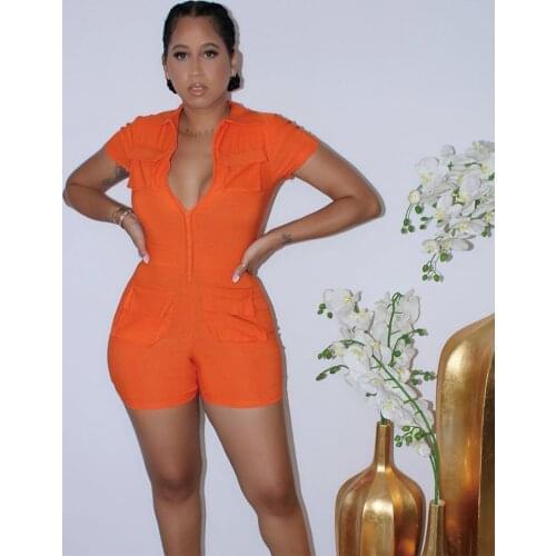 Black/white/orange Front Pocket Romper Womens Jumpsuit Autumn Fall Clothing Turn Down Collar Short Sleeve Bodycon Sport Outfit