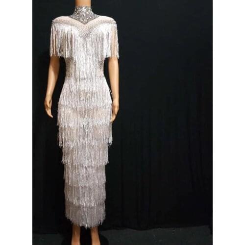 Womens White Tassels Rhinestone Crystals Halter Ankle Length Dress Female Singer Performance Costumes Women Slit Party Dress