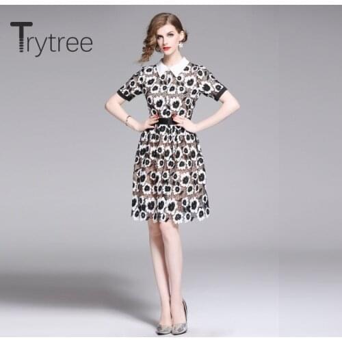 Trytree 2020 Summer Woman Casual Dress Turn-down Collar Print Hollow Out Temperament A-line Fashion Elegant Office Lady Dress