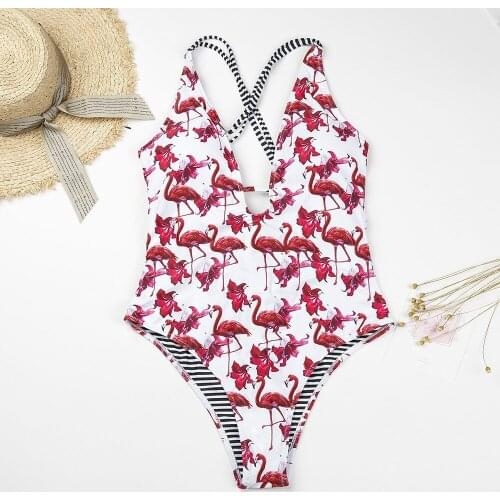 Sexy Bikini Women Swimwear Sexy Flamingo print bikini cross bandage 1piece