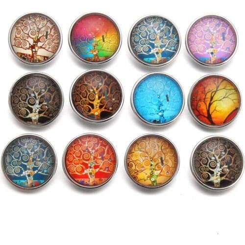 10pcs/lot Fixed Mixed Printing Tree Pattern Glass 18mm Snap Buttons DIY Findings Fit Handmade Bracelet Jewelry