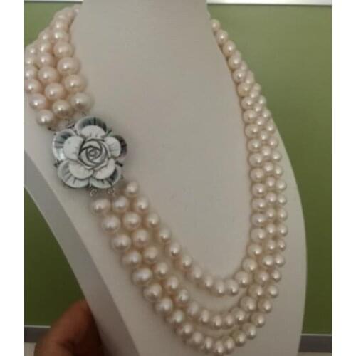 Beautiful 3 rows south sea round 9-10mm white pearl necklace 17"18"19"
