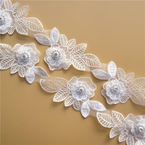 3yards/Lot White Diamond Flower Leaf Embroidered Lace Edge Trim Ribbon Applique Sewing Craft Crochet Fabric Wedding Dress
