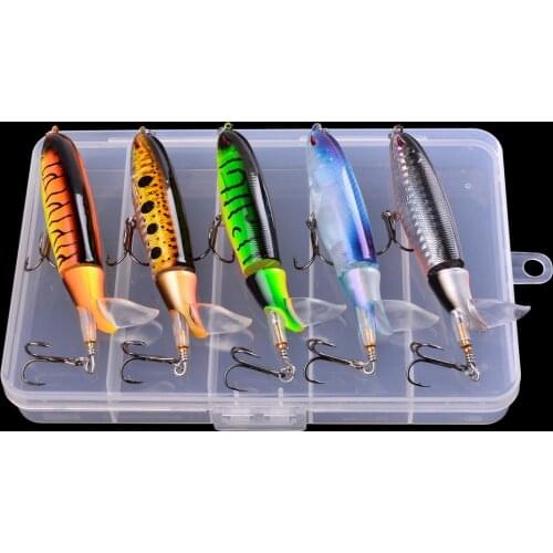5PC/Box Whopper Plopper 10cm Floating Popper Fishing Lures Set Artificial Hard Bait Lure Soft Rotating Tail Fishing Tackle Box