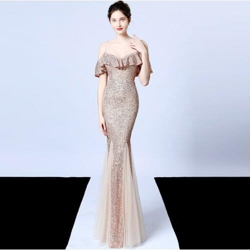 Noble Women Sequined Evening Dress Ruffles Off The Shoulder Mesh Mermaid Party Sexy Ladies Spaghetti Strap Vestidos De Gala