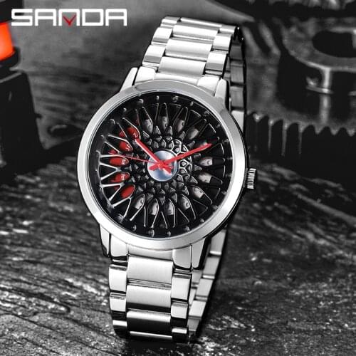 SANDA 2021 Mens Wheel Watch Creative Personality Hollow Watch Sports Watch Waterproof Contour Dial Stainless Steel Watch P1060