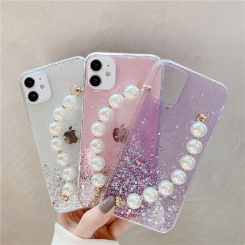 For iPhone 13 Pro max 12 11 X Xs Max Xr 8 7 Plus 6 6s SE 2020 Transparent Luxury Pearl Bracelet Glitter Soft Silicone Cover Case