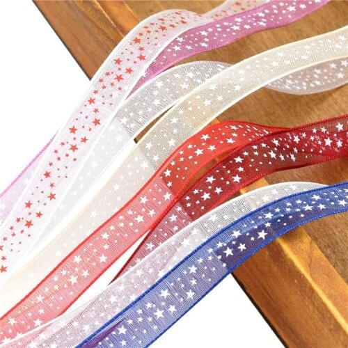 10m/lot 10mm Pentagram Printed Organza Stain Ribbon for DIY Crafts Hair Bow Handmade Gift Bouquet Wrapping Translucent Snow Yarn