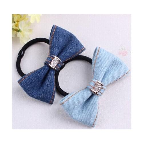 2016 New 20pcs/lot Girls bows With Buckle Elastic Hair Ties Band Rope Denim Ponytail Holder Headband Women Hair Accessories