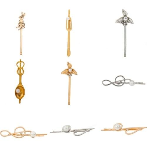 New Many Types Simulated Pearl Rabbit Flower Spoon Note Golden Silver Plated Hair Clips and Pins Barrettes Hair Jewelry Women