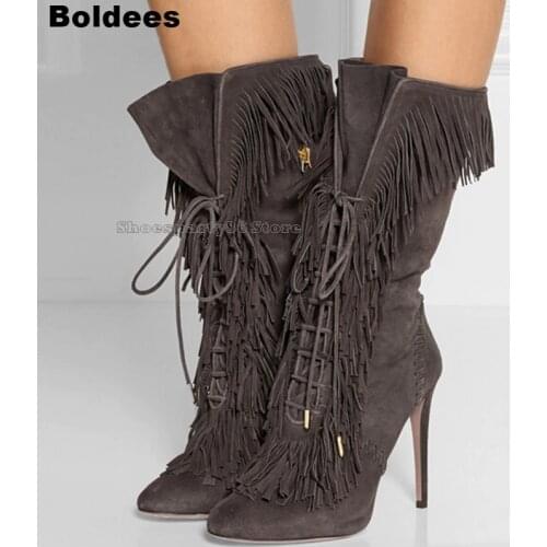Fall Spring solid Suede grey color lace up fringed mid-calf boots pointed toe side zipper high heels tassels boots women booties