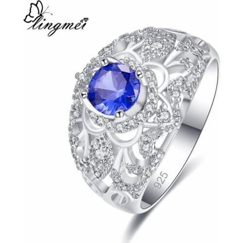 Lingmei Dazzling Wedding Band Round Cluster Blue & Red & White Zircon Silver ColorRing Size 6-9 Birthstone Jewelry for Women