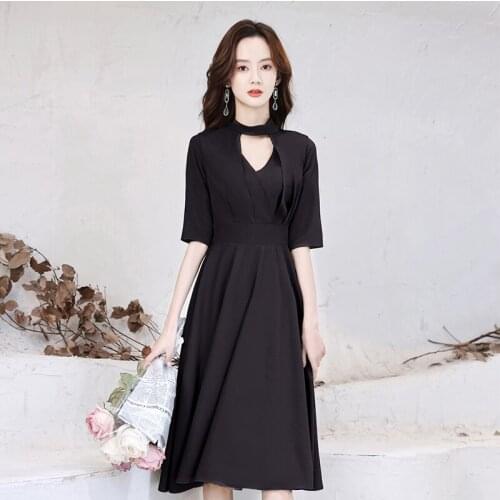 Special Occasion Dresses Vintage V-Neck Short Luxury Black A-Line Zipper Pleat Knee-Length Satin Elegant Women Prom Gown E967