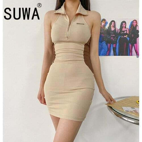 Zipper Simple Pure Color Sleeveless Skinny Mini Dress Sexy Tight Club Party Lady Fashion Dress