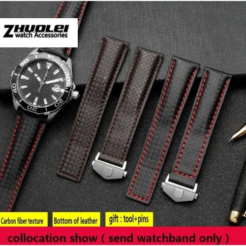Carbon fiber texture genuine leather bottom watchband For brand wristband mens straps 19mm 20mm 22mm with folding buckle