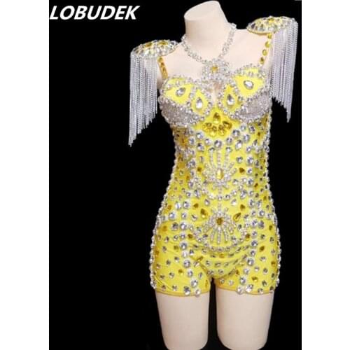 Nightclub Women Singer Stage Wear Sparkly Glass Rhinestones Epaulet Yellow Bodysuit Crystals Tights Jazz Dance Leotard Costume