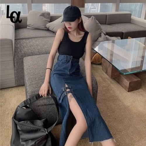 Luck A Vintage Skirts Women Ripped French Summer Sexy Split Denim Skirt Female Long High Waist Skirt Sexy Split Maxi Skirt Jeans