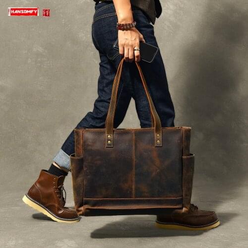 Vintage Leather Mens Tote Bag Men Handbags Laptop Bag Briefcase Shoulder Bag Cross Section shopping Tote Bags Original