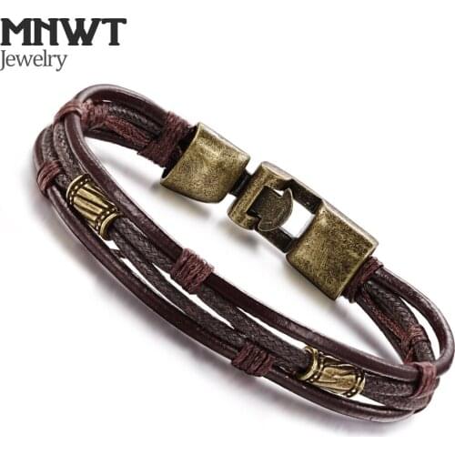 MNWT Vintage Design Punk Leather Bracelet 2 Color Bronze Fashion Clasp Multilayer Braid Rope Bracelets for Men Jewelry