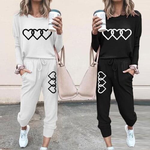 Funny Gift 2 Pieces Womens Solid Tracksuits High Waist Stretchy Autumn Fancy Love Print Womens Suit Casual Outfits