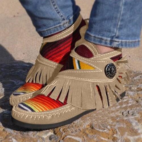 Women Tassel Stripe Ankle Boots 2020 Womens Sewing Warm Woman Flats Female Shoe Ladies Casual Hook Loops Footwear Plus Size 43