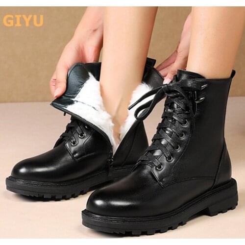 GIYU Genuine Leather Wool Womens Boots 2020 Winter New Flat Bottom Martin Boots Large Size 35-43 Female Black Cotton Shoes