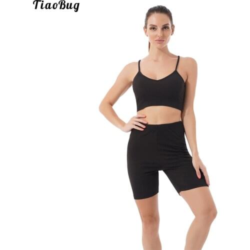 TiaoBug 2Pcs Women Summer Suit V Neck Spaghetti Straps Cropped Vest Tops And Shorts Set For Gym Yoga Fitness Workout Sportswear