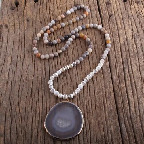 RH Fashion Bohemian Jewelry Natural Stones Big Gray Aegat Stone Pendant Necklaces Women Lariat Gift