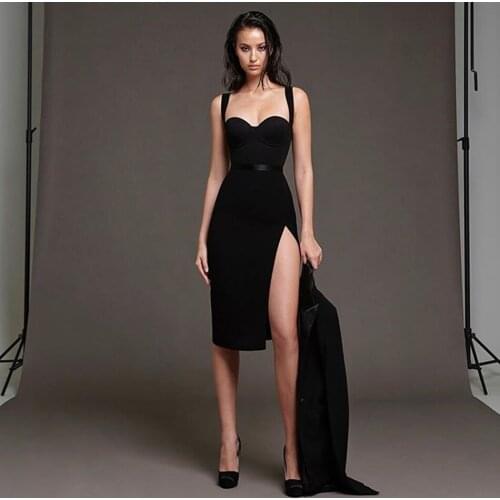 2021 New Summer Women Elegant Black Bodycon Bandage Dress Sexy Spaghetti Strap Midi Blue Club Celebrity Runway Party Dress