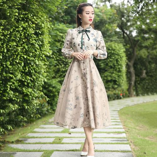 Vestidos Mujer Khaki 2021 Autumn Clothes New Literary Lady Dress Elegant With Waist Bow Knot A-Line Mid-Length Dresses Women