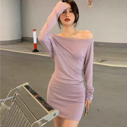 Korean Ladies Strapless Sexy Slim knitting Dresses 2021 Autumn Women Draw back Buttocks Long sleeve Bottoming Mini Dress Vestid