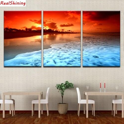 3pcs,Diamond Embroidery,Beach sunset,5D,diy Diamond Painting Cross Stitch,3d picture,Diamond Mosaic,home Decor H1389