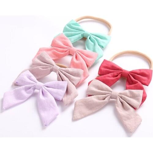 36pc/lot Handmade Newborn Kids Girls Nylon Headbands Girls Solid Plain Cotton Bow Headbands With Soft Nylon Head Bands