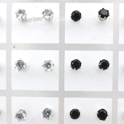 4mm Black And Clear Round Shape Zircon Earring Studs For Promotion 36 Pairs Wholesale