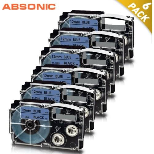 Absonic 6PK 12mm for Casio Black on Blue Label Tape XR-12BU XR12BU XR 12BU Compatible for Casio KL-820 KL-750 KL-8200 LabelMaker
