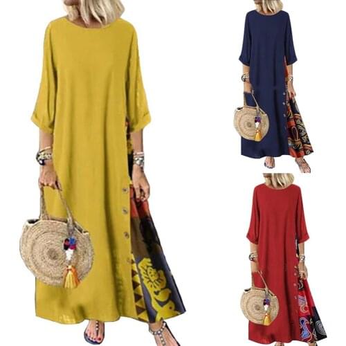 Bohemain Women Color Block Dress 3/4 Sleeve Maxi Dress Casual Loose Crew Neck For Spring/Autumn Shopping Beach