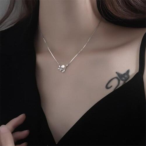 925 Sterling Silver Link Chain Pearl Leaf Charm Pendent Necklace For Women Girls Party Fashion Jewelry Choker Collar dZ649
