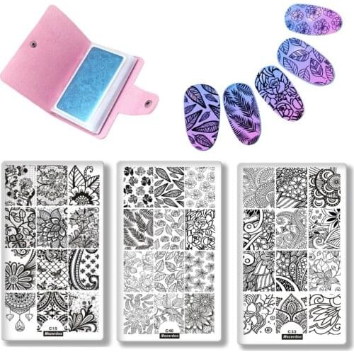 Flower Lace Stripe Nail Art Stamp Stamper Image Plate Print Manicure Tool with Templates Case Holder DIY Nail Painting 4Pcs/set