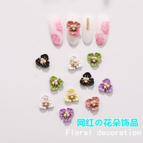 10PC 3-Petal Flower&Pearl Japanese Nail Alloy Accessories Charm Spray Paint Metal Decorations For Nails Supply