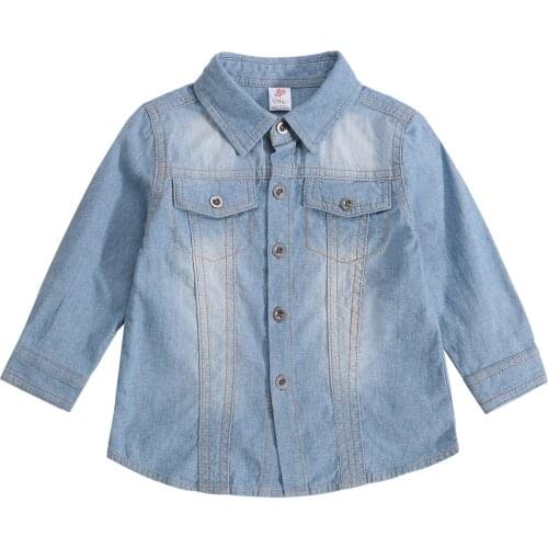Kids Autumn Shirt, Retro Denim Turn-Down Collar Long Sleeve Single-Breasted Blouse for Girls, Boys, 9 Months to 3 Years