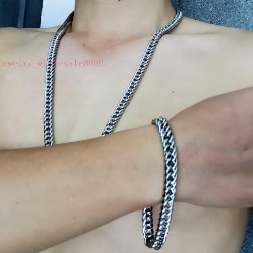 GNAYY Jewelry set Stainless steel 7mm/9mm Smooth curb chain link necklace + bracelet set for mens