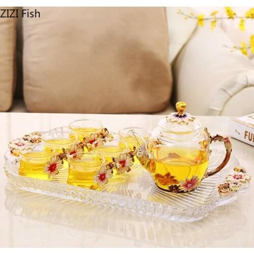 Creative Transparent Glass Tea Set Flower Teacup Seven-piece Set Chinese Style Household Tea Set Suit