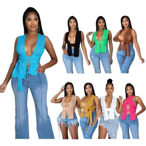 Sexy Women Crop Tank Top Solid Color Sleeveless Bandage Shirt Hollow Out Knit Ribbed Streetwear Clothes For Women Outfit