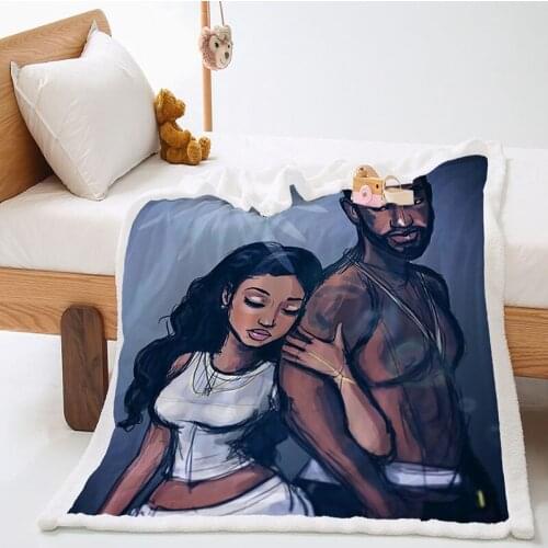 Cartoon African American Lovers Couple Pattern Fuzzy Blanket Soft Cozy Warm Play Basketball Boy Pattern Throw Blanket Quilt