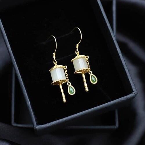 Natural Hetian Jade Prayer Wheel Earrings 925 Silver Gold-Plated Tassel Jasper Earrings To Ward Off Evil And Protect Safety