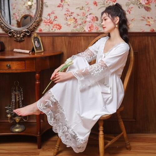 MeetLife Women Lace Jacquard Cotton Sleepwear Long Sleeves Princess Nightgown Vintage Victorian Nightdress Wedding Spring Summer