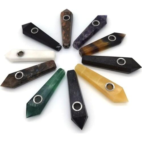 Original Stone Polished Crystal Stone Smoking Pipe Aura Angel Quartz Wand Tobacco Pipe With Metal Filter Brush